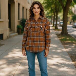 Vendor Women’s  Flannel Shirt Sz Large Brown 💯 Cotton LSleeve Pearl Snaps Fringe